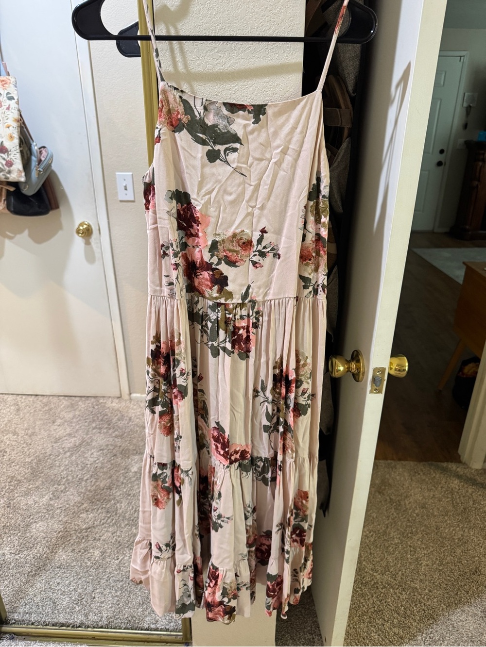 Floral Tiered Spaghetti Strap Midi Dress - Blush Pink